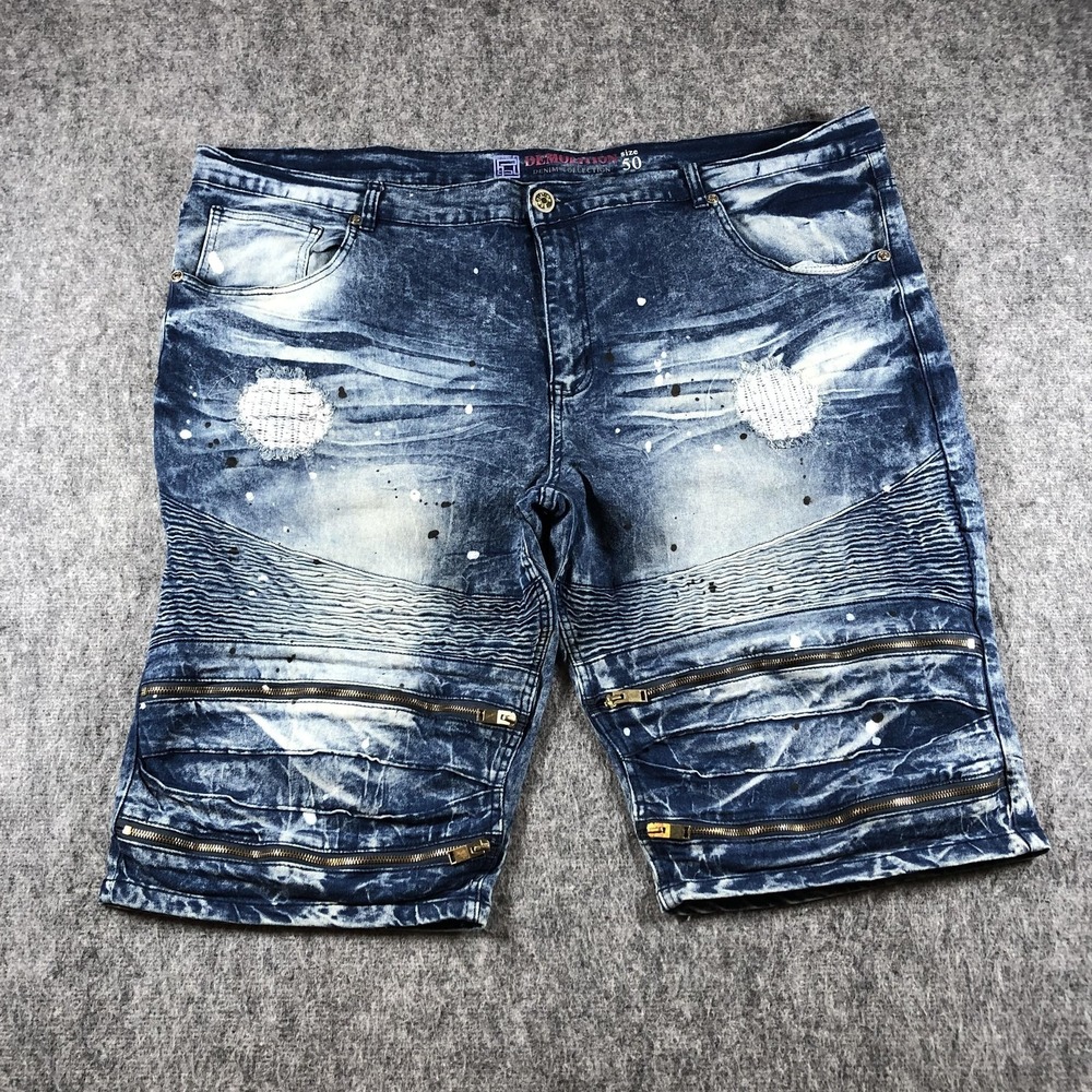 Demolition Denim Shorts Mens 50 Blue Acid Wash Moto Biker Stretch